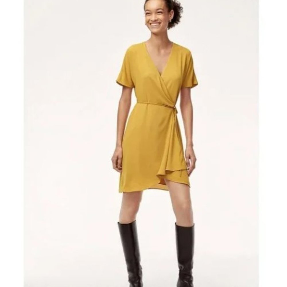 Aritzia BABATON Wallace Chartreuse Yellow Surplice V-Neck Wrap Dress, Size XS